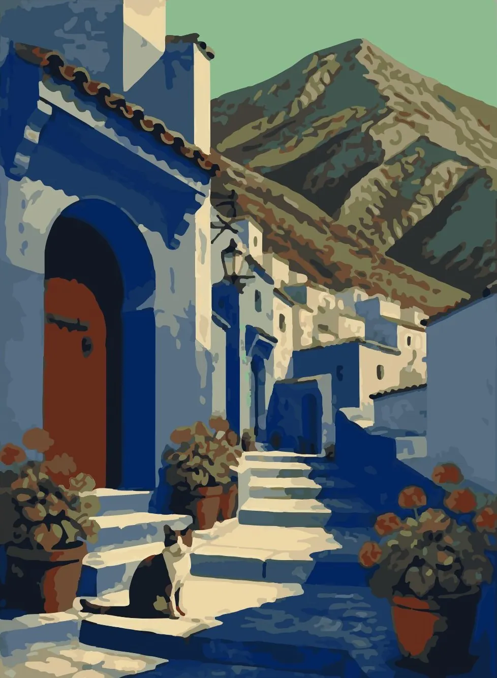 Poster illustration of a blue stepped alley in Chefchaouen