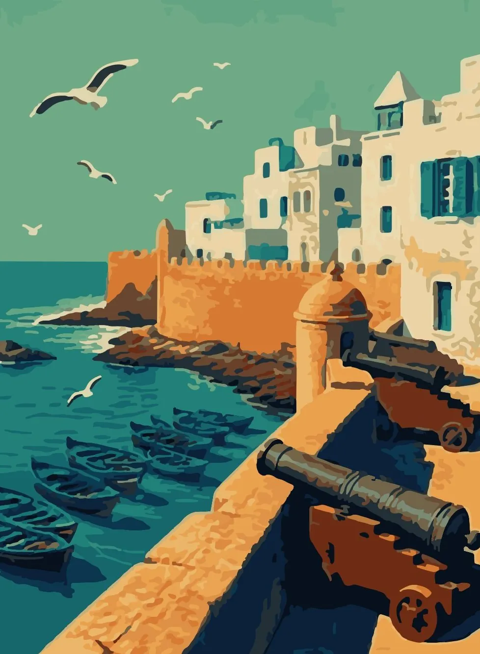 Poster illustration of the Essaouira ramparts and blue fishing boats