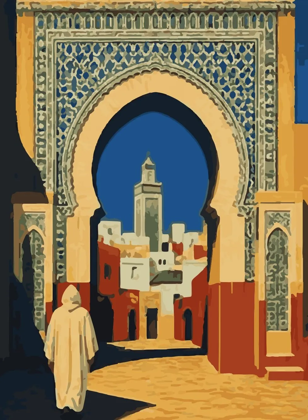 Poster illustration of a zellige gate in Fez