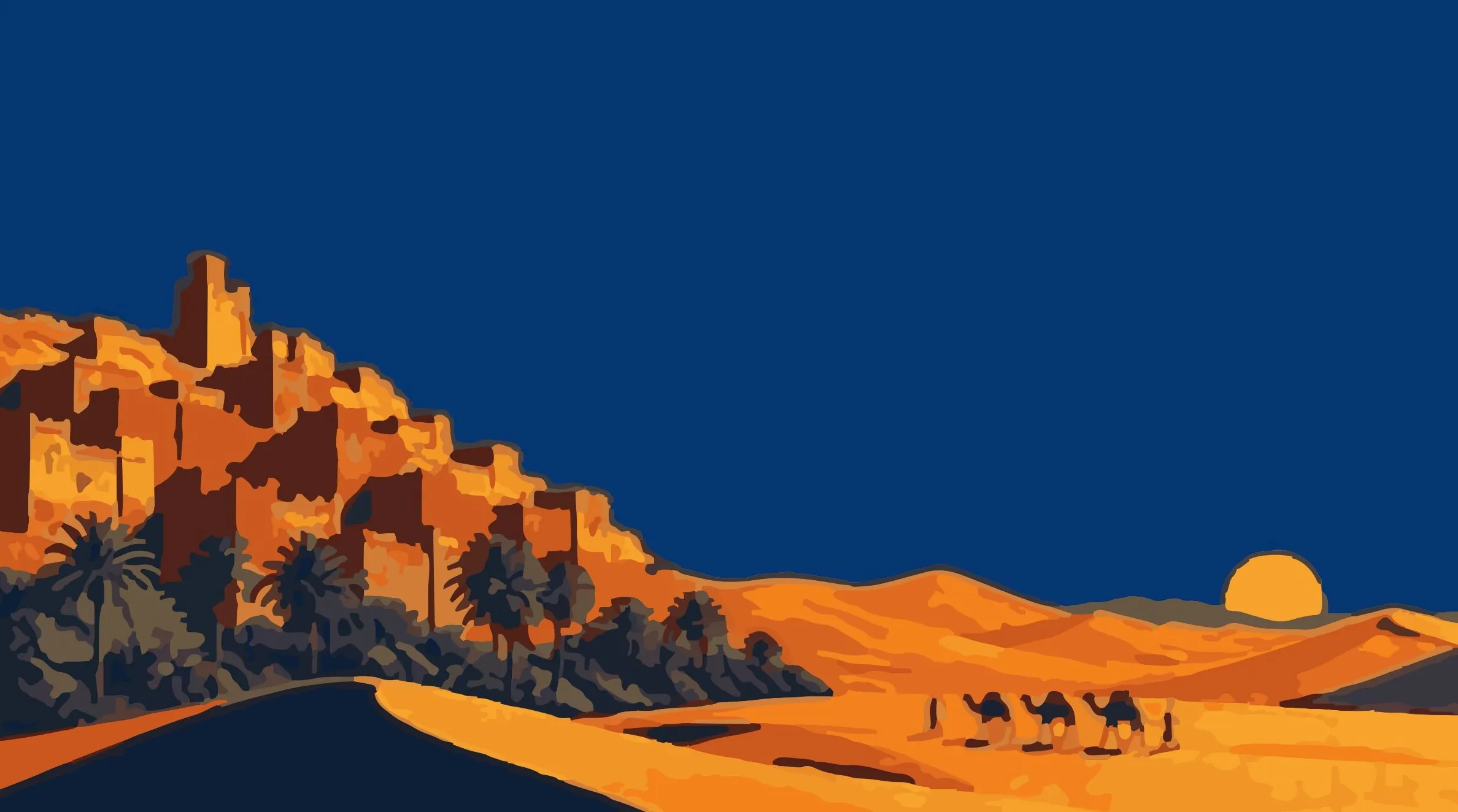 Lithograph-style illustration of a kasbah village, palm oasis and Sahara dunes with a camel caravan at sunset