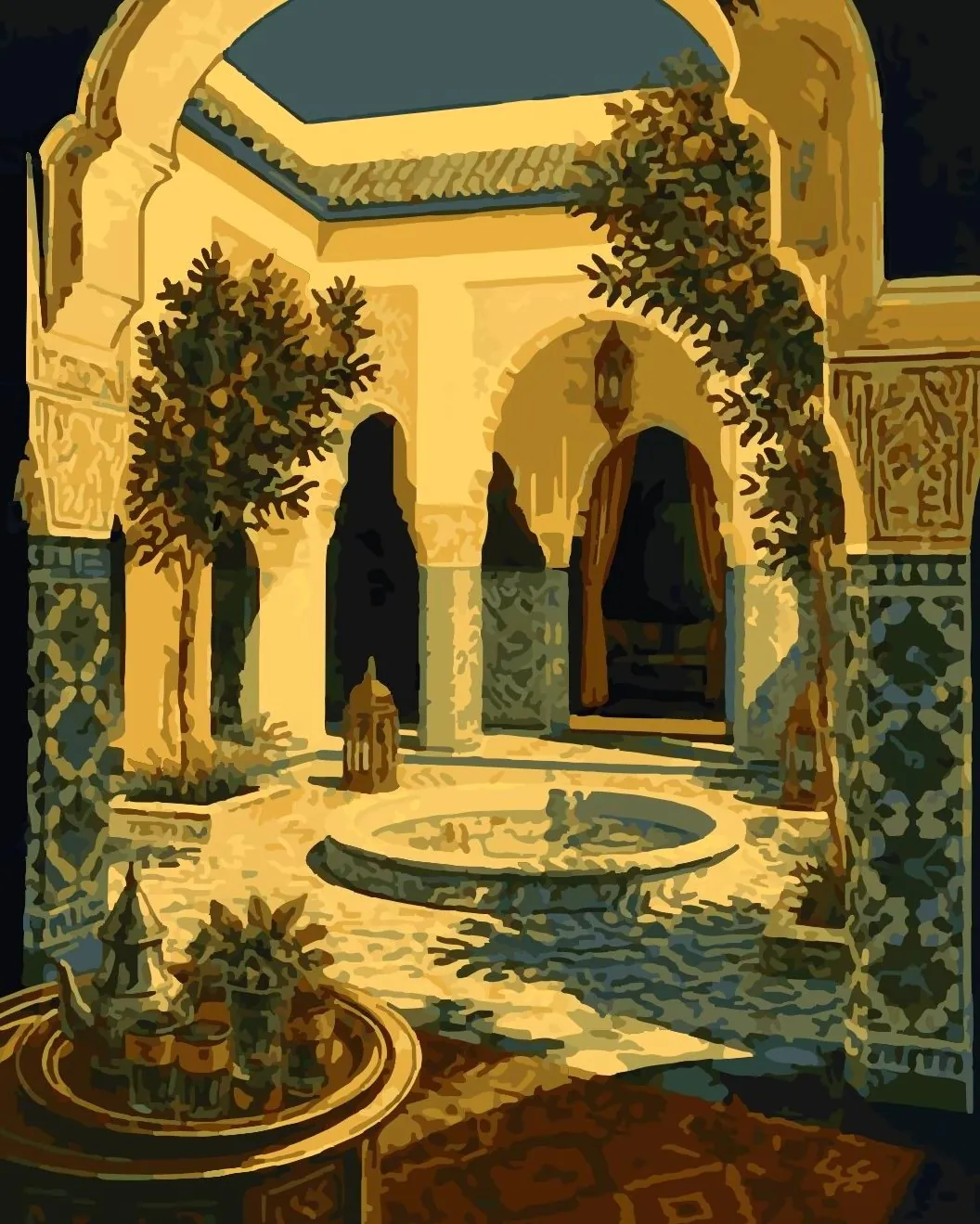 Lithograph-style illustration of a Marrakech riad courtyard with a fountain and orange trees