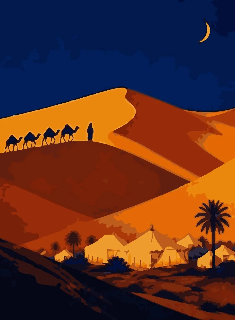 Poster illustration of Merzouga dunes with a camel caravan and a tent camp