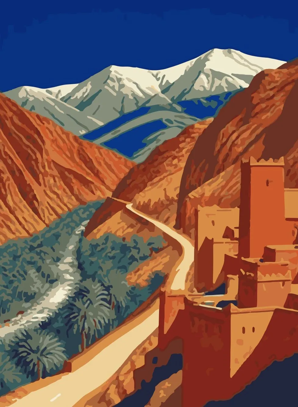 Poster illustration of the Dades valley kasbahs and gorge road
